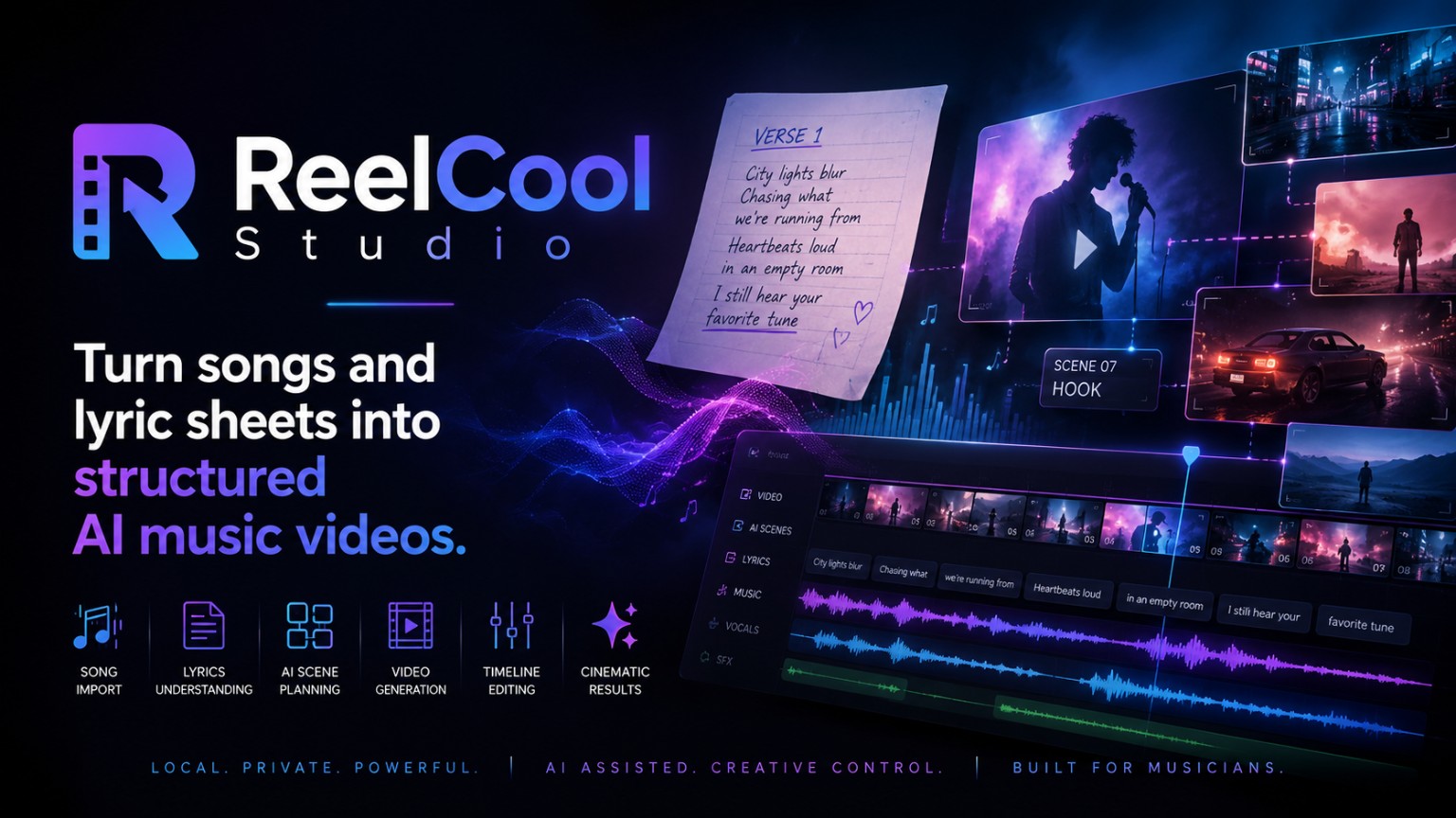 ReelCool Studio hero artwork showing lyric-sheet-to-AI-music-video workflow